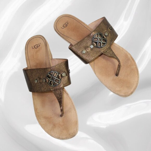 UGG Briella Pony Brown Bronze Wedge Thong Sandal, Size 10 - Picture 7 of 9